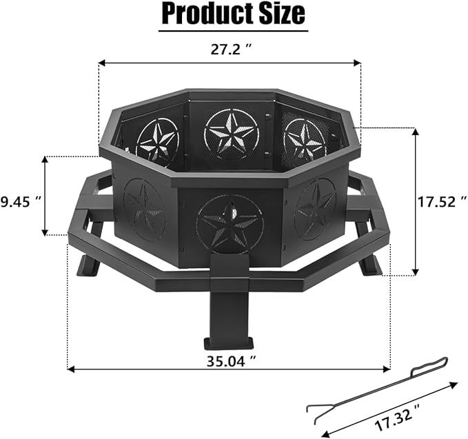 Verdeluxe 35 Inch Octagonal Outdoor Fire Pit,Wood Burning Fire Pit for Bonfire,Outside,Camping, Backyard, Patio