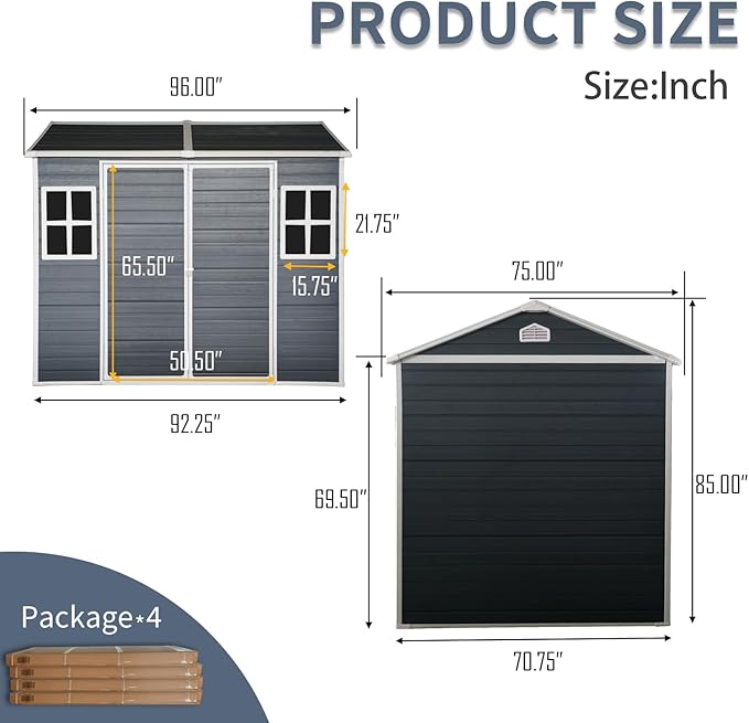 8x6 FT Outdoor Storage Resin Shed with Floor, Plastic Garden Bike Shed with Sloped Roof, Lockable Door & Windows, Easy to Assemble Tool Shed for Lawn, Backyard, Patio, Black