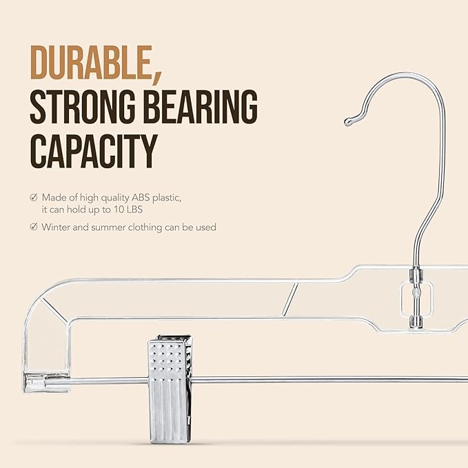 HOUSE DAY 120 Pack Clear Pants Hangers with Clips, Plastic Skirt Hangers for Women, 14 Inch Clip Hanger for Pants, Skirts, Jeans, Shorts, Legging, with 360-degree Swivel Hook, 2 Adjustable Clips