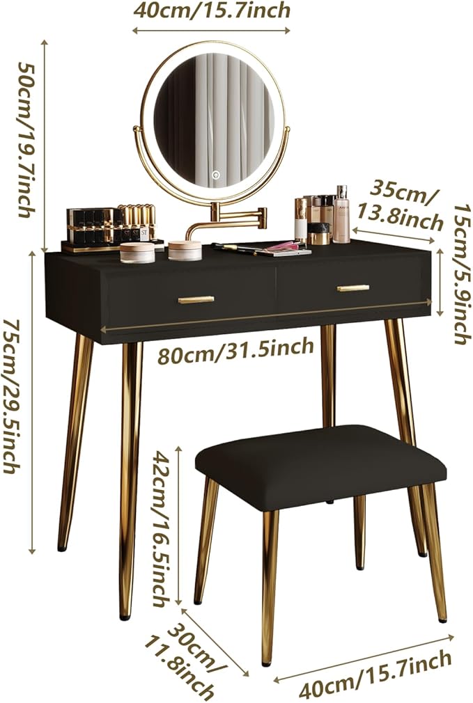 IKuinen Makeup Vanity Desk with Mirror and Lights, Small Vanity Table with 2 Drawers, Stool,Vanity Set for Bedroom with Microfiber Leather, 3 Lighting Modes - 31.5In Black