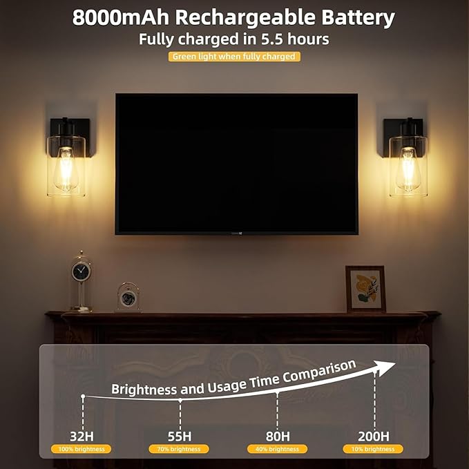 Battery Operated Wall Sconce Set of Two with Remote Wall Light Rechargeable Wireless Cordless Led Glass Wall Lamp Indoor with 3 Color Temperature Dimmable E26 Edison Bulbs for Bedroom Bathroom Hallway
