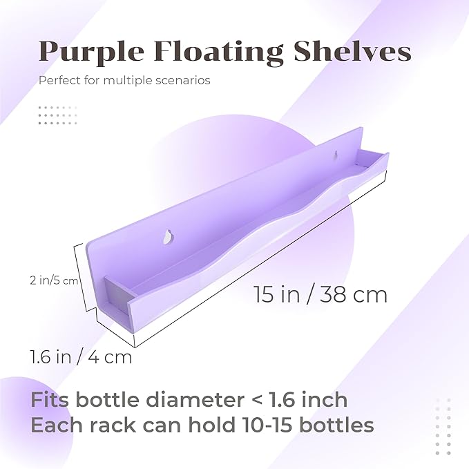YMVV 6 Pack Nail Polish Wall Mounted Shelf,15 Inch Nail Polish Floating Shelves for 66-90 Bottles Multi-Purpose,Ideal Gift, Great Display for Salons Retailers,Purple