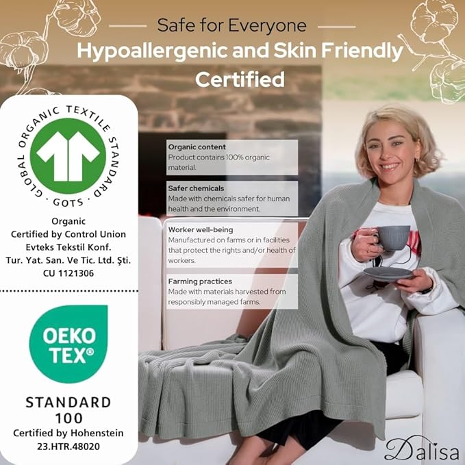 Dalisa 100% Organic Turkish Cotton Throw Blanket - GOTS Certified, Cozy - Perfect for Couch, Bed, and Home Decor - Boho Vintage Knit Alina (Green, 60x80)