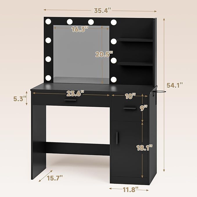 JUMMICO 35.4" Vanity Desk with LED Mirror & Power Outlet, Makeup Vanity Table with 3 Open Storage Shelves, Drawers and Cabinet, 3 Model Adjustable Lights for Bedroom & Dressing Room (Black)