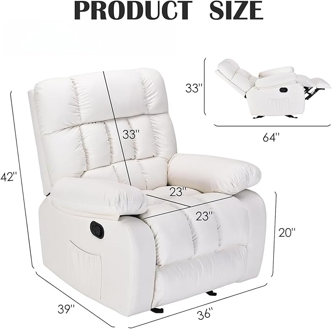 Recliner Chair, Leather Adjustable Recliner with Side Pockets, Living Room Power Reclining Lounge Chair for Adults, Small Spaces Comfy Sofa with Theater Seating for Bedroom, White