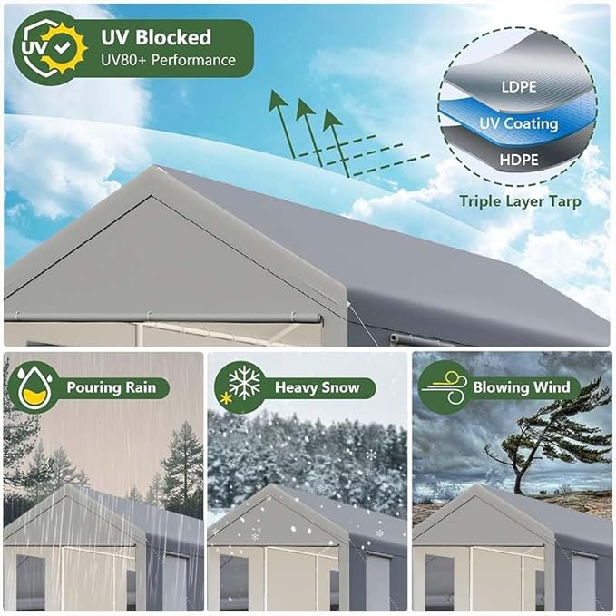 Carport, 10x20 ft Grey Heavy Duty Carport with Roll-up Windows, Portable Garage with Removable Sidewalls & Doors, Car Canopy and All-Season Tarp for Car Boat Truck Motorcycle