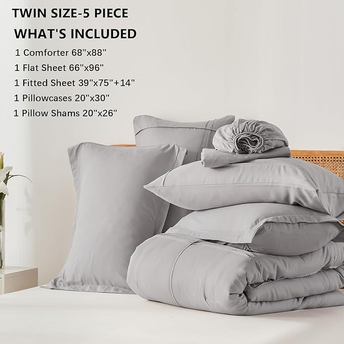 Yogeneg Twin Comforter Set 5 Piece Bed in a Bag,Grid Pinch Pleat Grey Twin Bedding Set,Striped Textured Soft Microfiber Comforter with Sheet Set,All Season Complete Bed Set(Grey,Twin)