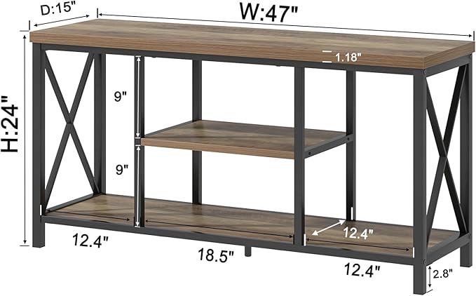FOLUBAN TV Stand for TVs up to 55 Inch, Rustic Wood and Metal Entertainment Center with Storage, Modern Industrial Media TV Console Table for Living Room Bedroom, Oak 47 Inch