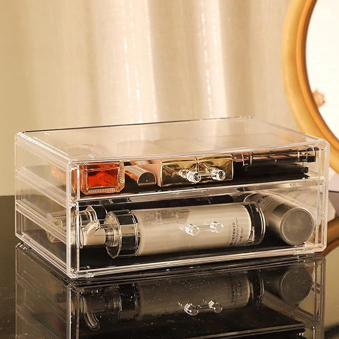 Cq acrylic 4 Pack Clear Make Up Organizers for Vanity,Stackable 7 Drawers Make Up Organizer,Cute Desk Organizer for Vanity Jewelry,Hair Clip,Beauty,Skincare Product Dresser Acrylic Drawer Organizer
