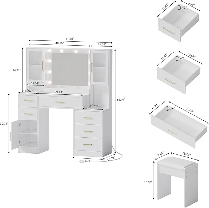 51" Vanity Desk with Mirror and Lights & Charging Station, Bedroom Dressing Table, Large Vanity Set with Cushioned Stool, 6 Drawers and 2 Cabinets, Makeup Vanity Table with Charging Station