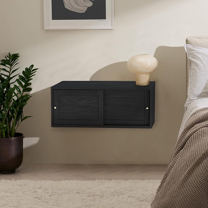 mopio Lauren Floating TV Shelf, Multi-Purpose Modular Under TV Display Shelf, Wall Mounted Wood Television Cabinet, Nightstand, Side Table, End Table, Bedside Shelves for Bedroom (Black, 31", Single)