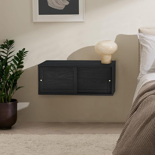 mopio Lauren Floating TV Shelf, Multi-Purpose Modular Under TV Display Shelf, Wall Mounted Wood Television Cabinet, Nightstand, Side Table, End Table, Bedside Shelves for Bedroom (Black, 31", Single)