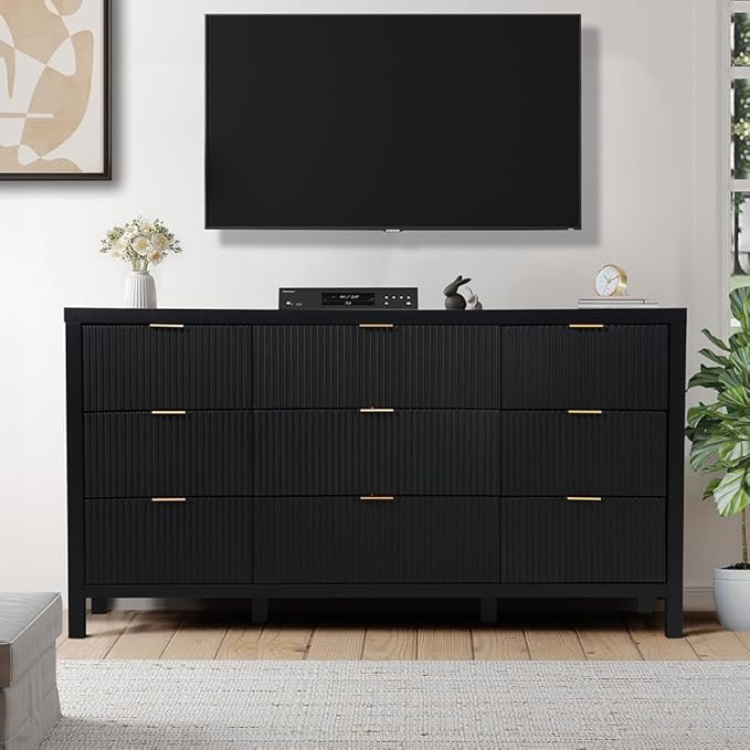 Fluted 9 Drawer TV Stand Dresser for Bedroom, Mid Century Modern Dresser with Drawers, Storage Organizer with 9 Drawers, Fluted Cabinet for Closet Cloth, Living Room, Entryway -Black
