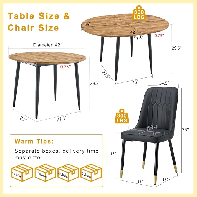 42"-54" Extendable Dining Table Set for 6, Oval Dining Table Set for 6, 0.73" Thick Wood Tabletop with Smooth Edge, Black Metal Leg with Non-Slip Footmat, 6 Soft PU Chairs, for Kitchen, Small Space