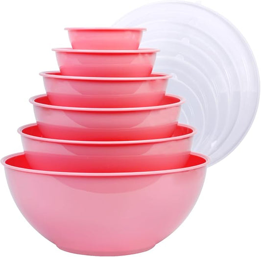 BoxedHome BPA Free Plastic Round Mixing Bowl with Lids, 12 Pack Nesting Bowls with Lids Set, Microwave and Dishwasher Safe Prep & Serving Bowls Great for Mixing, Baking, Serving (Pink, 12pcs)