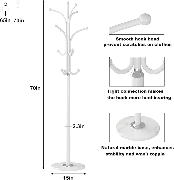 HOMEFORT Metal Coat Rack Stand,Free Standing Hat Hanger with Marble Base,Hall Tree with 12 Hooks for Hanging Hat,Clothes,Bag,Entryway Storage Organizer,White
