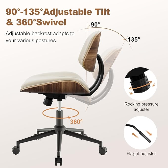 Armless Office Chair with Wheels, PU Leather Adjustable Height Desk Chair - 360° Swivel Ergonomic Computer Chair for Small Space, Modern Walnut Style, Home & Meeting Room, Beige