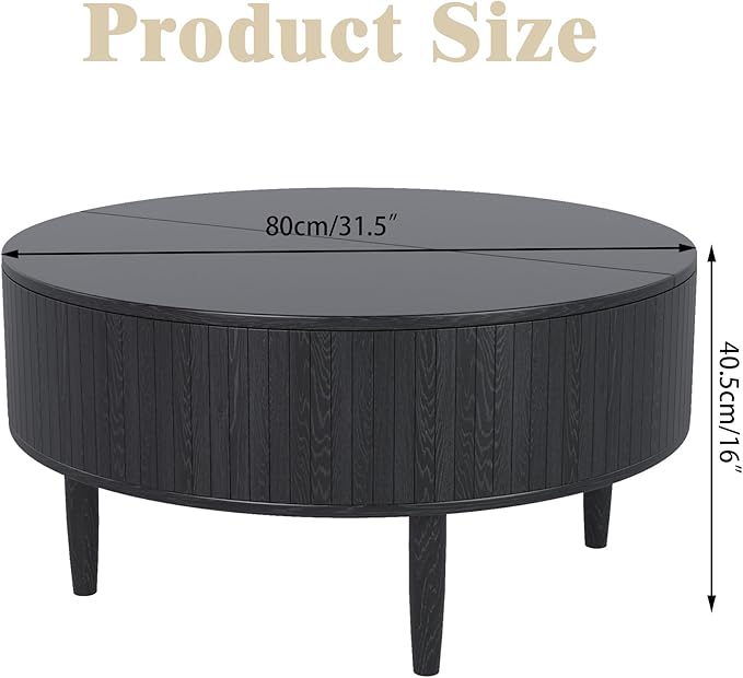 Round Fluted Lift Top Coffee Table with Storage, Mid Century Modern Coffee Table for Living Room, Home Small Space,31.5" Fluted Center Table (Black, 31.5inch)