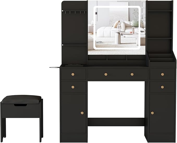 Vabches Vanity Desk with Lights, Makeup Vanity Table with Charging Station, 44.9in Big Vanity Set with 5 Drawers & Lots Storage Space, Black
