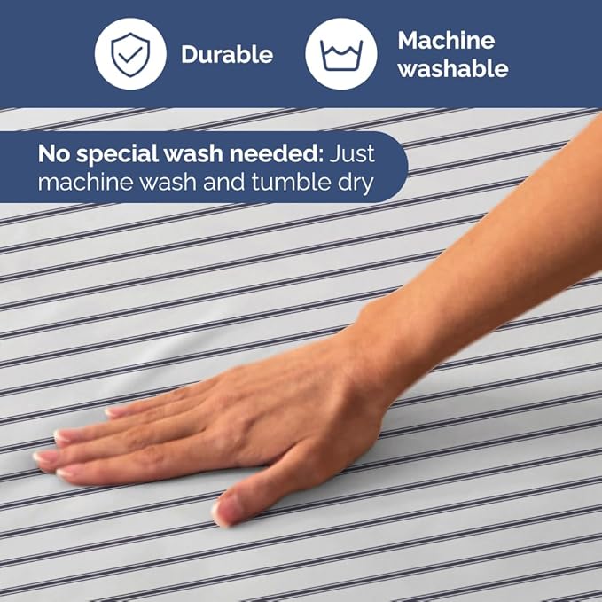 Blue and White Striped Sheets - 1 Flat & 1 Fitted Sheet & 2 Pillowcases w/ Deep Pockets - Cozy, Wrinkle & Fade Resistant - Ultra-Soft, Breathable & Cooling - Luxury Pinstripe Bedding - Queen Size