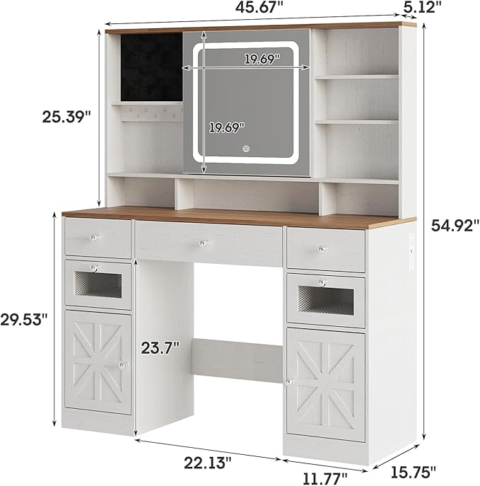 Farmhouse Vanity Desk with Mirror and Lights,White Makeup Vanity with 5 Drawers & Hidden Storage,Rustic Large Dressing Table with Charing Station & Shelves for Bedroom