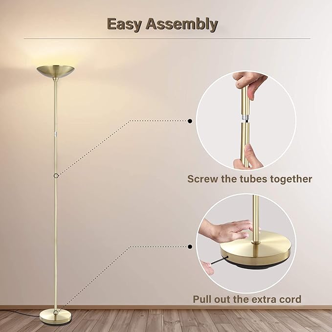 BoostArea Floor Lamp,Torchiere Standing Lamp,20W 2000LM LED Tall Floor Lamp,Stepless Dimmable,Touch Control,50000hrs Lifespan,Pale Floor Lamps for Living Room,Standing Lamps for Bedroom,Gold
