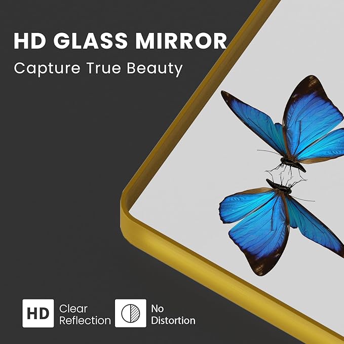 Gold Bathroom Mirror, 60x36 Inch Brushed Gold Metal Frame Mirror for Wall, Rounded Rectangle Bathroom Vanity Mirror, Tempered Glass, Anti-Rust, Horizontal/Vertical