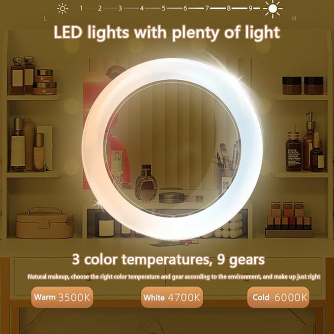 Vanity Desk with Mirror and Lights,Large Desktop Makeup Vanity Desk with 3 Color Modes Adjustable Bulb,2 Large Drawers for Bedroom/Hair Salon/Beauty Shop and Other Scenes White