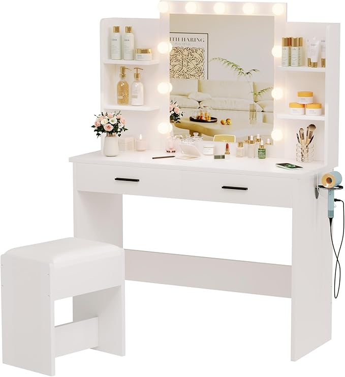 Vanity Desk with Mirror and Lights, 3-Color Lights Adjustable Brightness, White Vanity Makeup Desk with Drawer & Charging Station, Large Dressing Table Make Up for Bedroom