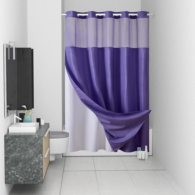 Furlinic Stall Shower Curtain No Hook with Snap in Liner,Waffle Weave Waterproof Bathroom Curtains with See Through Top Window & Weighted Magnets,Purple,54x80 Inch