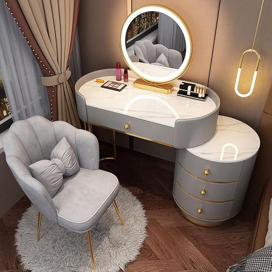KWOKING Contemporary Make-up Vanity with Slate Stone Top & Storage Drawers Bedroom Dressing Table Storage Cabinet Integrated Table Gray White - Makeup Vanity & Mirror & Petal Chair 31"L x 16"W x 31"H