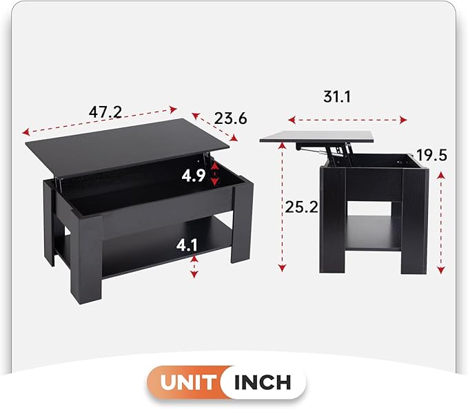 FDW 47" Lift Top Coffee Table with Hidden Large Storage Shelf and Compartment Lifted Wooden Dining Table for Living Room Home Office,Black