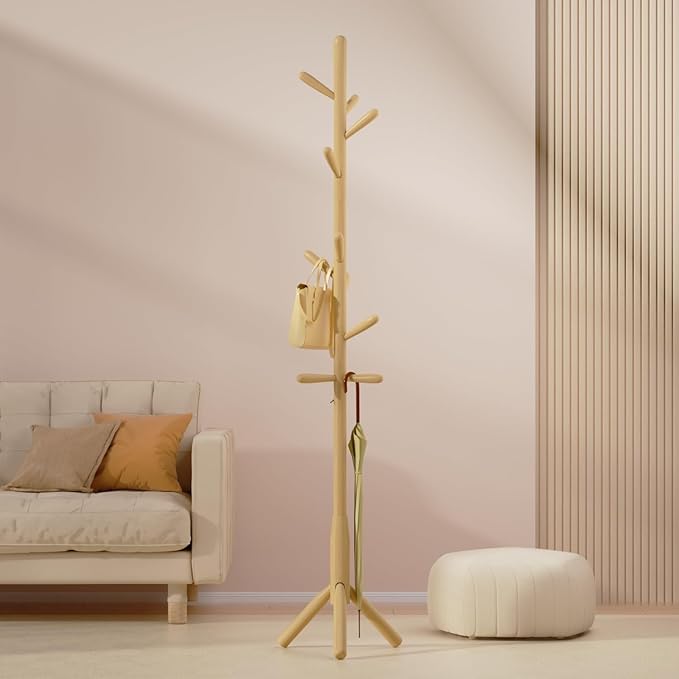 Solid Wood Coat Rack, Freestanding Tree-Shaped Coat Rack with 11 Hooks, Main Pole 1.6" dia for Clothes, Hat Stand Used in Bedroom/Office/Entryway (3-Leg Base, Natural Beige)