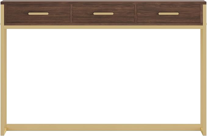 Martha Stewart Ollie Home Office Desk with 3 Drawers in Walnut Wood Grain with Polished Brass Hardware