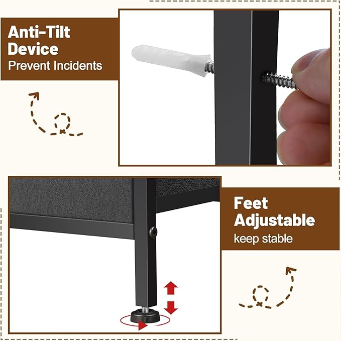 Dresser for Bedroom with 9 Drawers, Chest of Drawers, Storage Drawers Organizer Unit, Grey Wide Fabric Dresser with Fabric Bins for Closet, Living Room, Entryway (Grey and Rustic Brown)