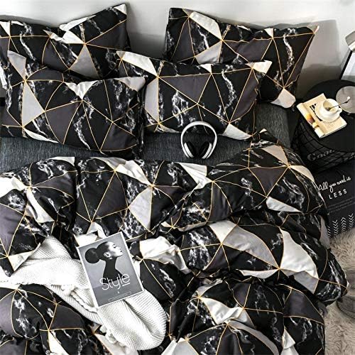 CLOTHKNOW Black White Marble King Size Comforter Set 3Pcs Triangle Plaid Bedding Comforter Set All Season Geometric Comforter with 2 Pillowcases