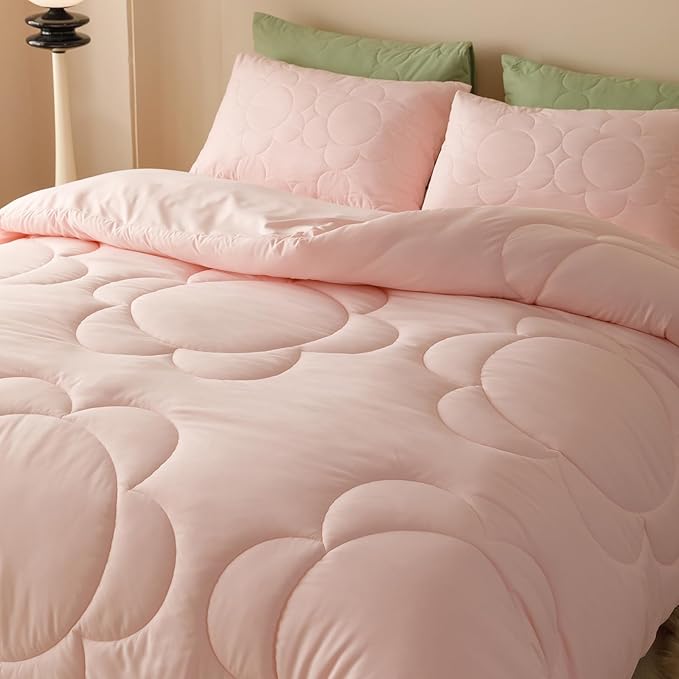 CLOTHKNOW Pink Full Size Comforter Sets 3Pcs Daisy Puff Bedding Comforter Sets Soft Blush Boho Comforter Pink Comforter with 2 x Pillowcases