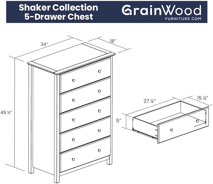 Grain Wood Furniture Shaker 5-Drawer Chest, Solid Wood with a Cherry Finish
