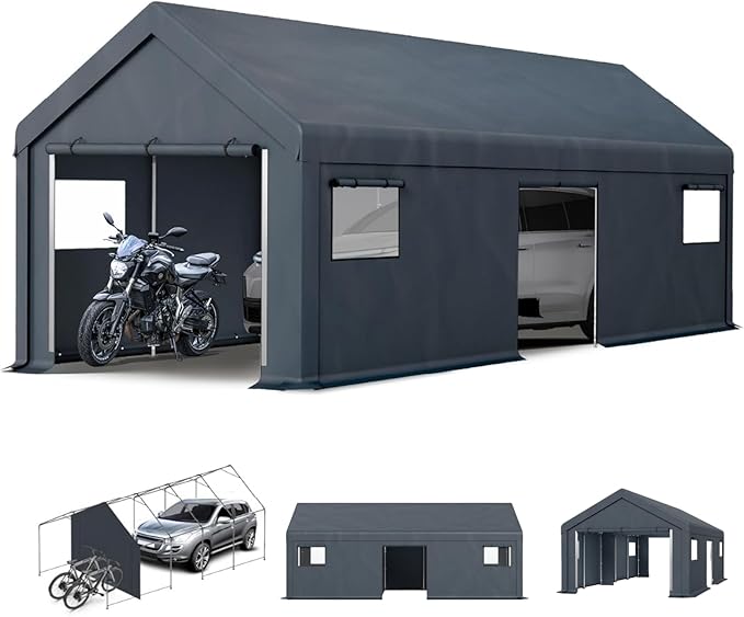 MFSTUDIO Outdoor Carport 13x24 ft, Portable Storage Sheds Shelter Garages Heavy Duty Canopy with Rolled up Zipper Doors and Sidewalls, Outside Utility Shed Garage Car Tent for Boat Truck and Tools