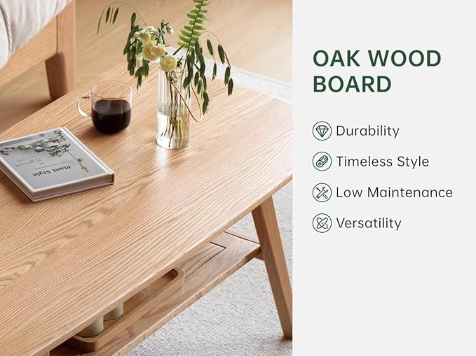 100% Solid Oak Wood Coffee Table for Living Room, 2-Tier Coffee Tables with Shelf Storage, Mid Century Modern Table with Rounded Corners (Natural Colour, 47.24" W x22.05 D x 17.32" H)