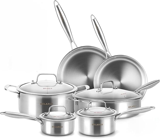 DELARLO Whole body Tri-Ply Stainless Steel Kitchen Cookware Set of 14 With Lid Heats quickly Cookware, Suitable for All Stove Kitchen, Pots and Pans sets