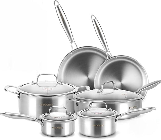 DELARLO Whole body Tri-Ply Stainless Steel Kitchen Cookware Set of 14 With Lid Heats quickly Cookware, Suitable for All Stove Kitchen, Pots and Pans sets