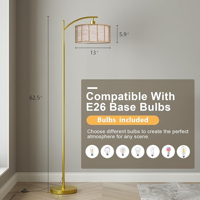 Oneach 62.5" Gold Arc Floor Lamp for Living Room, Rattan Boho Floor Lamp with Remote and Dimmable Bulb, 3 Color Temperatures, Farmhouse Rustic Modern Standing Lamp for Bedroom Office Corner