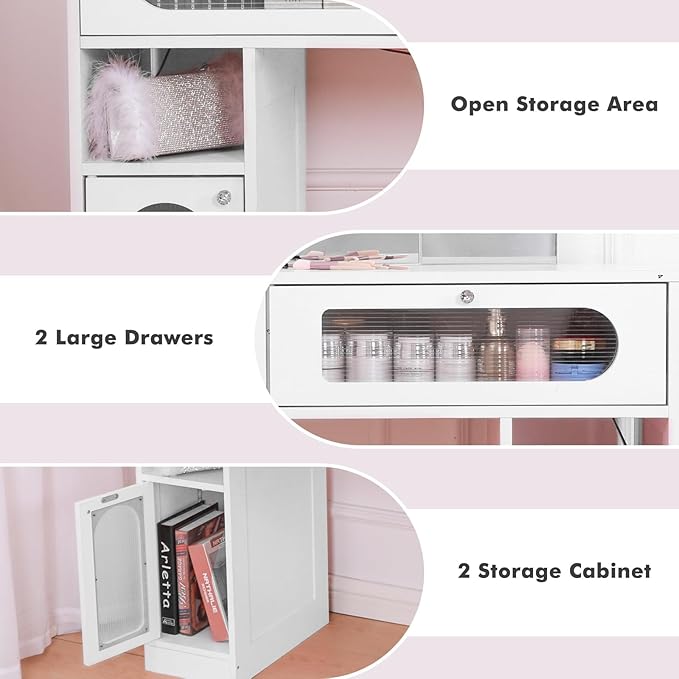 Vanity Desk with Arched Tri-Fold Mirror, Dimmable Vanity Table, LED RGB Makeup Vanity with 2 Drawers, 2 Open Storage Area & 2 Cabinets, Gifts for Girls/Women, Dressing Table (White)