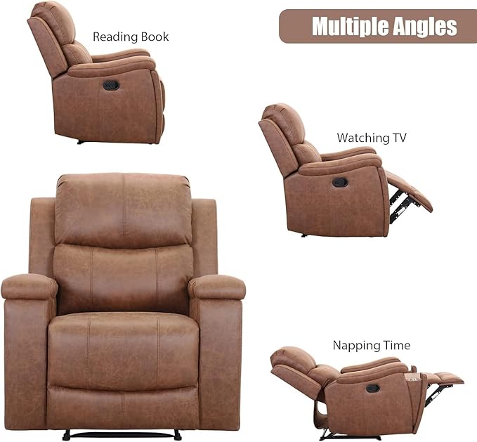 CANMOV Leather Recliner Chair Set of 2, Classic and Traditional Manual Recliner Chair with Overstuffed Arms and Back, Manual Single Sofa with Concealed Cup Holders,Brown