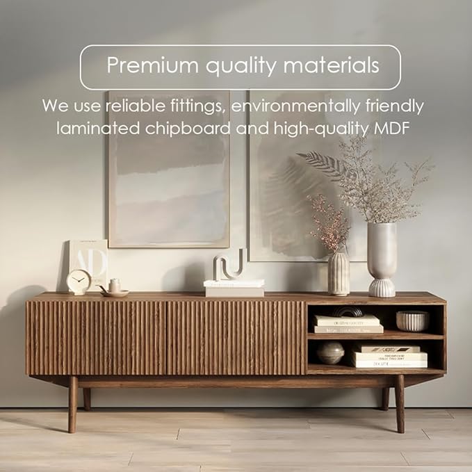 Living Skog TV Stand for Living Room TV Media Console Table, Modern Entertainment Center with Storage Scandinavian Midcentury Fluted Style Fits TV 50 55 60 65 70 inch, Wood Legs (Brown, Kelly 59 in)