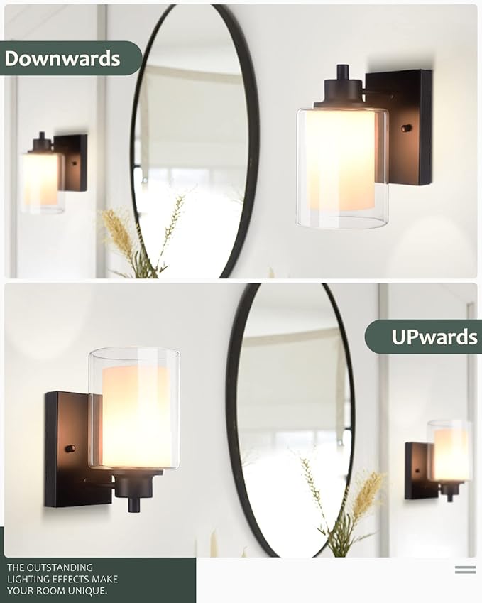 2 Pack Bath Vanity Light Fixtures 1-light, Indoor Black Wall Light with Dual Glass Shade, Farmhouse Bathroom Wall Scone, Vintage E26 Bese Wall mount Lighting for Porch Bedroom Entryway Stairs