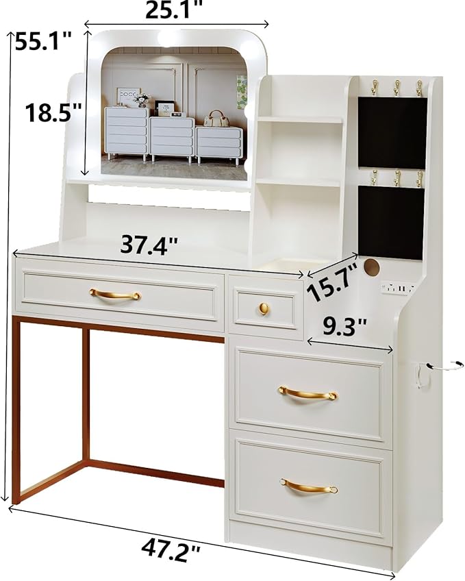 Makeup Vanity Desk with Mirror and Lights,Glass Top Dresser with Charging Station,Vanity Table with Storage and Jewelry Stand,Dressing Table,edroom Makeup Desk for Women,White