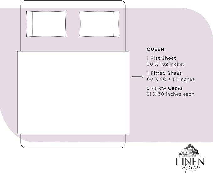 Linen Home 100% Cotton Percale Sheets Queen Size, Iris Lilac, Deep Pocket, 4 Pieces Set - 1 Flat, 1 Deep Pocket Fitted Sheet and 2 Pillowcases, Crisp Cool and Strong Bed Linen