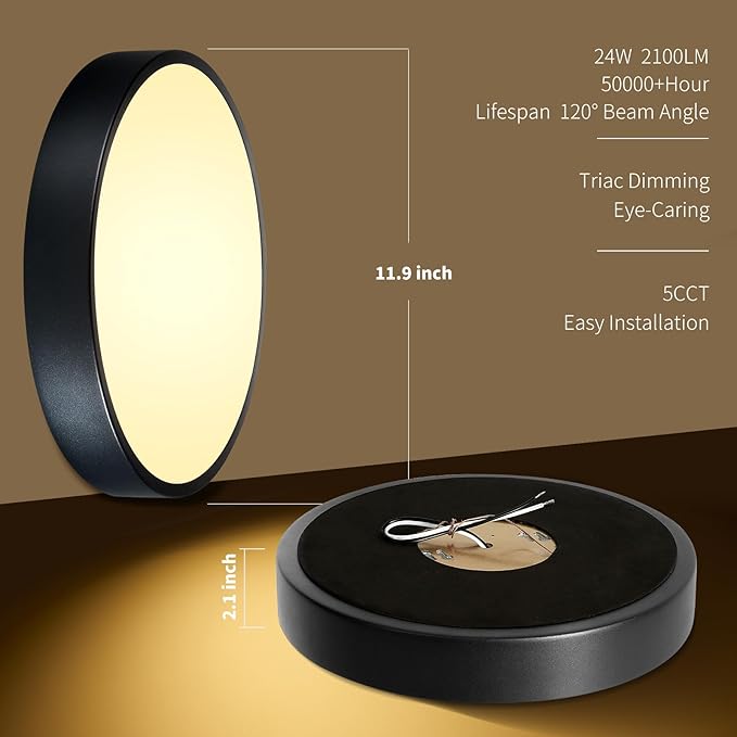 LED 12 inch Round Flush Mount Ceiling Light Black Dimmable 24W 5CCT Metal Black Ceiling lamp and is Ideal for hallways Kitchens bedrooms corridors Children's Rooms 3 Pack